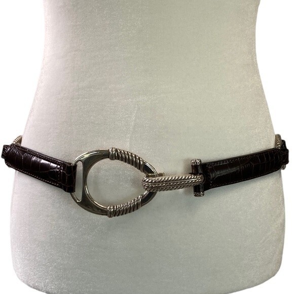 Brighton Patent Moc Croc Leather Embossed Chain Belt Oval Silver Hook Buckle - Picture 15 of 15